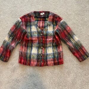 Sleepy Jones Plaid Cardigan Womens XS Red Wool Fuzzy Loungwear Pajama Cozy